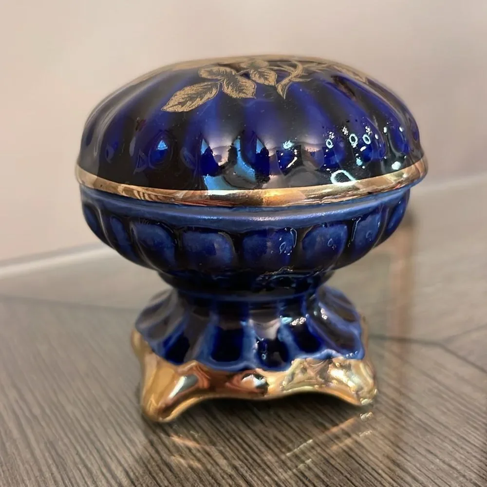 Vintage Cobalt Blue & Gold Footed Trinket Box